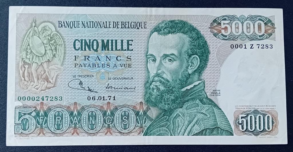 Belgique 5000 francs Vesalius 1971 - SUP, Timbres & Monnaies, Billets de banque | Belgique, Enlèvement ou Envoi, Billets en vrac