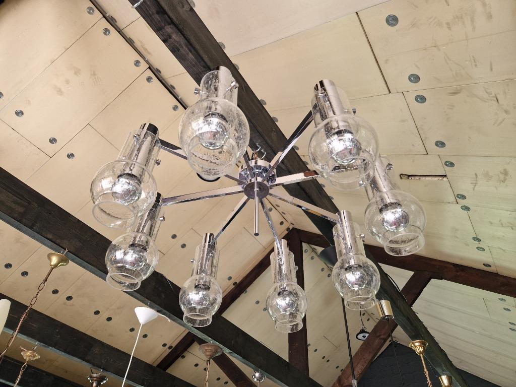 Grand Plafonnier/lustre en métal chromé et verre bullé, 1970, Enlèvement