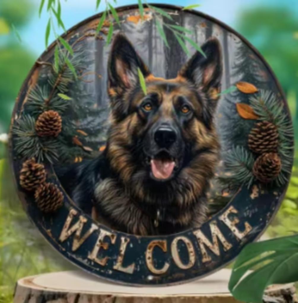 Plaque ronde vintage en métal German Shepherd Welcome (20 cm, Enlèvement ou Envoi, Neuf