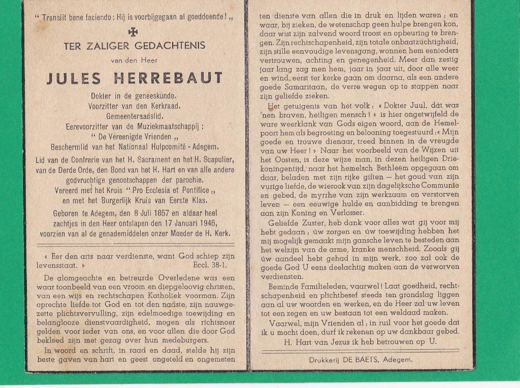 DP Dokter Jules Herrebaut, Verzenden, Bidprentje