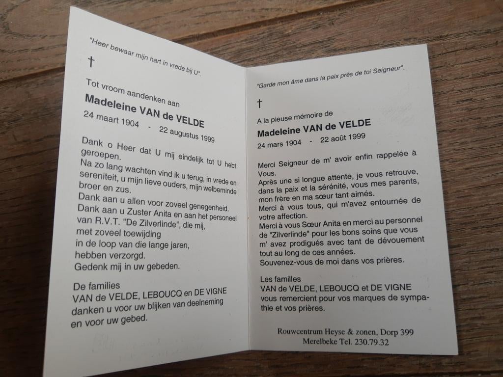 Bp : bilingue - 1904 - 1999 : Madeleine van de Velde, Enlèvement ou Envoi