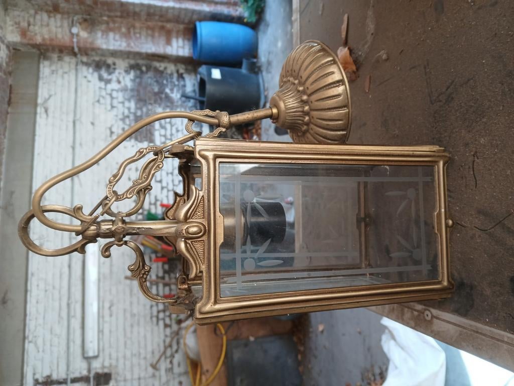 Lustre laiton vitrail ancien, Enlèvement ou Envoi, Comme neuf, Verre, Ancien