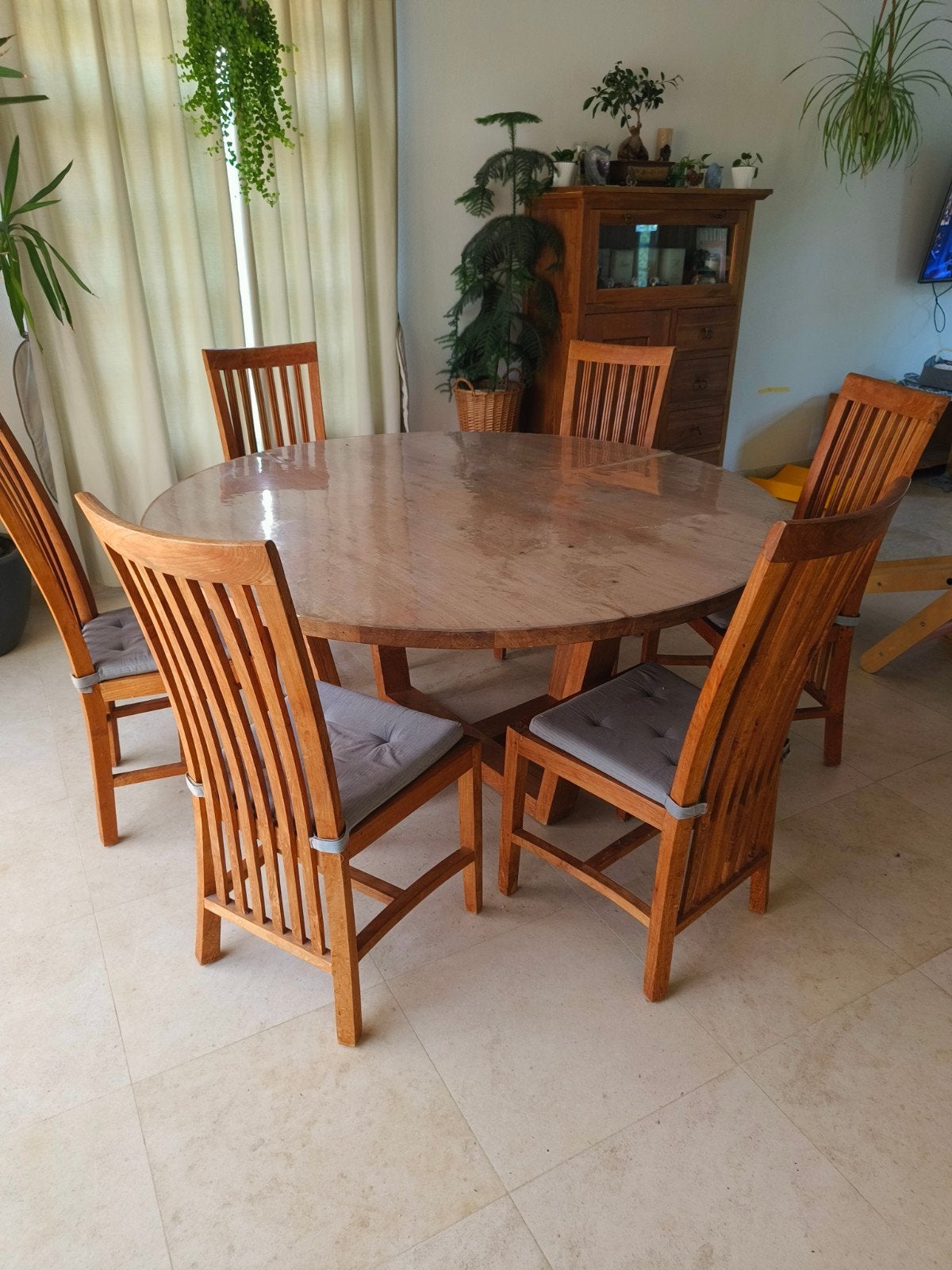Teakhout ronde tafel met stoelen., Ophalen, Teakhout