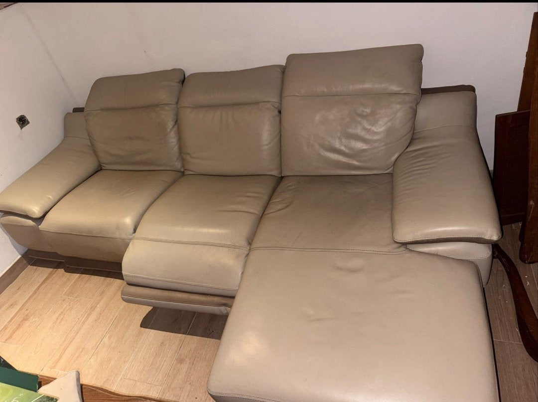 Canapé d’angle en cuir beige avec méridienne, Enlèvement, Comme neuf, Cuir, Canapé d'angle