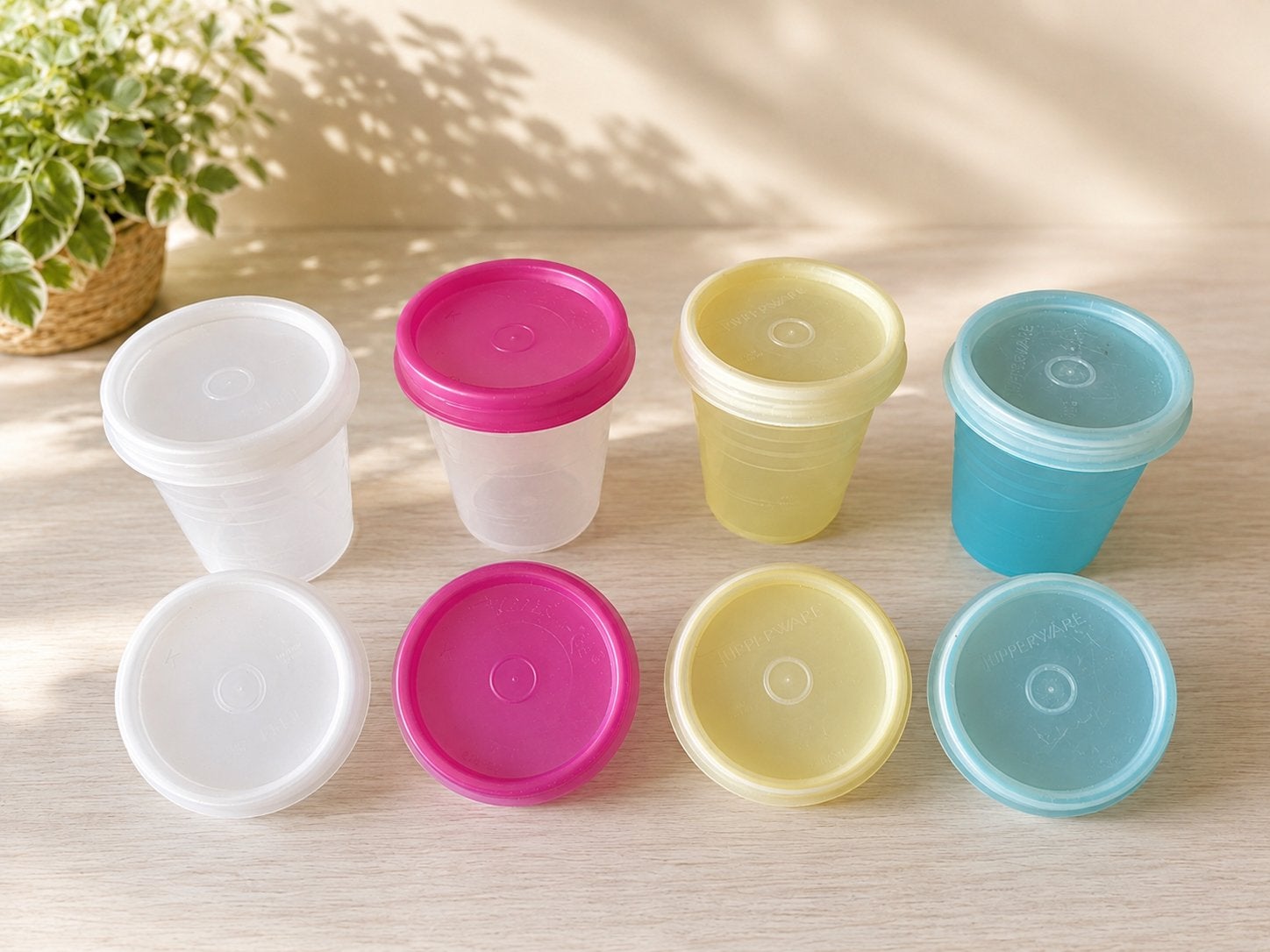 Joli lot de 4 gobelets Tupperware,, Maison & Meubles, Cuisine| Tupperware, Enlèvement, Comme neuf, Bleu, Avec couvercle