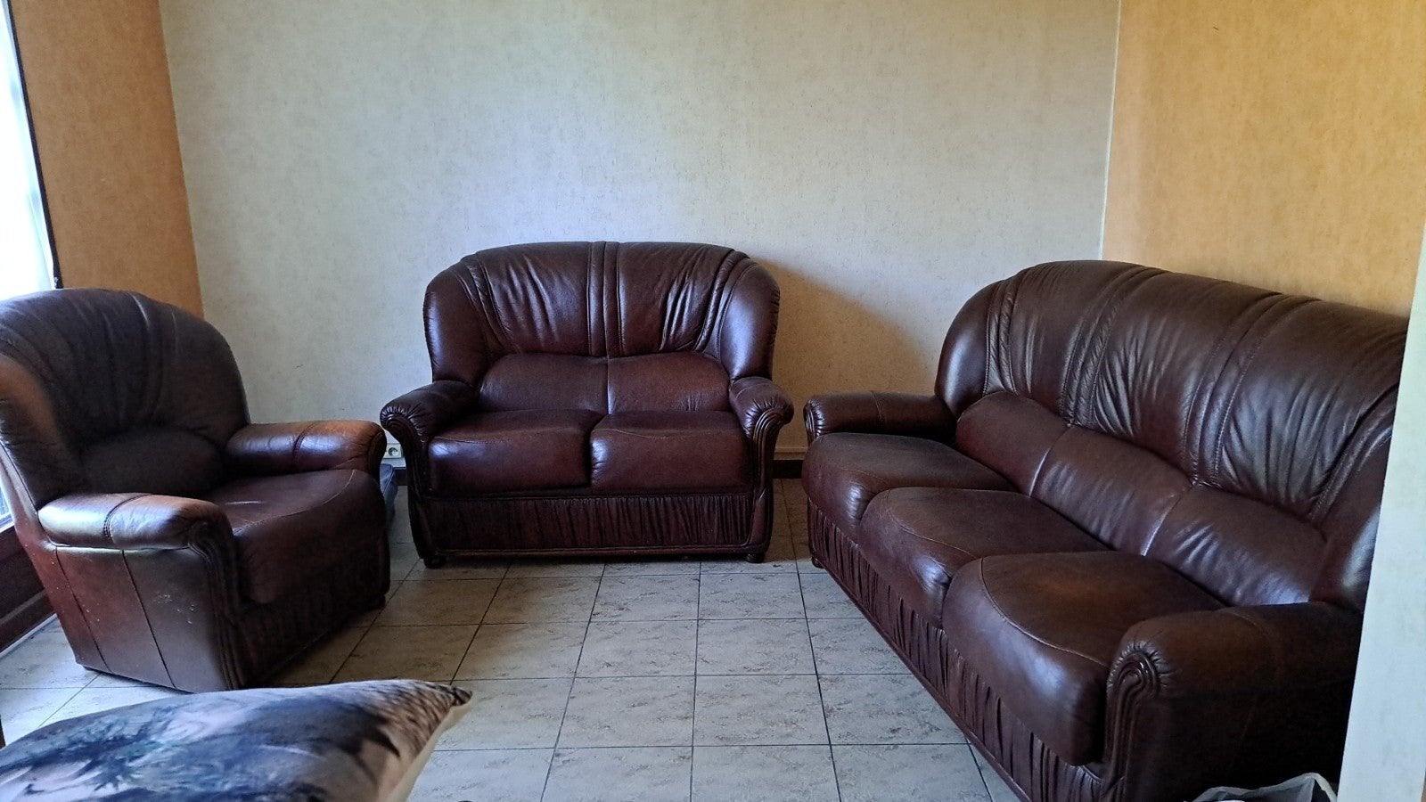 salon en cuir brun et bois, Maison & Meubles, Enlèvement, Utilisé, Cuir