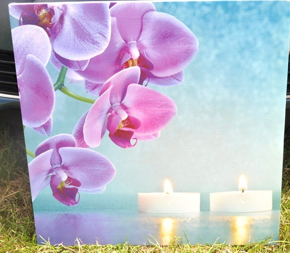 cadre toile plastifier lumineux orchidée et bougies, Maison & Meubles, Enlèvement ou Envoi, Utilisé, Plastique, Objet de décoration