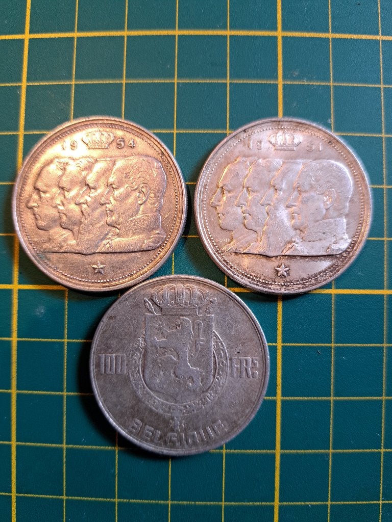 3 zilveren munten van 100 frank, bekend als de „4 koningen”, Postzegels en Munten, Ophalen of Verzenden, Zilver, Zilver