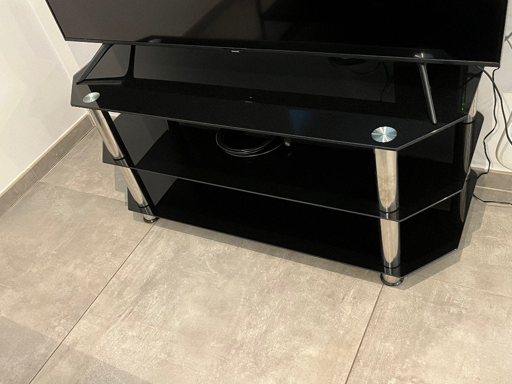 Meuble TV en verre noir – 3 niveaux, Maison & Meubles, 25 à 50 cm, Moins de 100 cm, Enlèvement, Utilisé