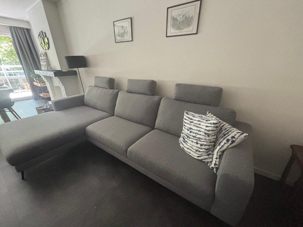Moderne zetel met longchair, 3m25, zeer goede kwaliteit, Tissus, 125 cm ou plus, 150 cm ou plus, Comme neuf