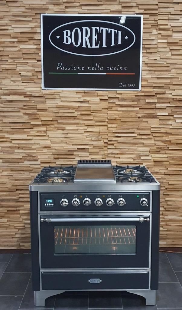 Luxe Boretti Majestic Fornuis 91cm antraciet + rvs frytop, Ophalen, 60 cm of meer, Zo goed als nieuw, Energieklasse A of zuiniger