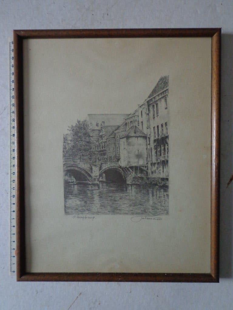 Prent gesigneerd Dalemans "Hoogbrug" te Mechelen, Ophalen of Verzenden