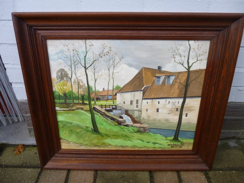 Schilderij : landschap met watermolen., Antiquités & Art, Enlèvement, Paysage, Toile