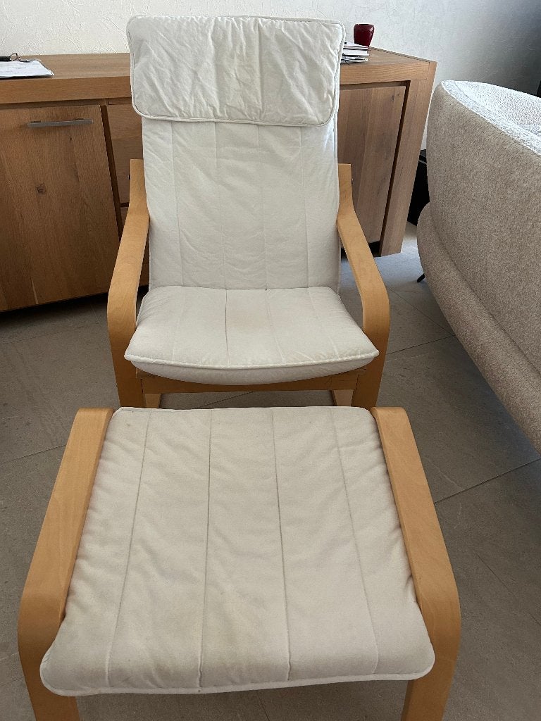 fauteuil en voetenbank, Ophalen, Zo goed als nieuw, Hout, Modern