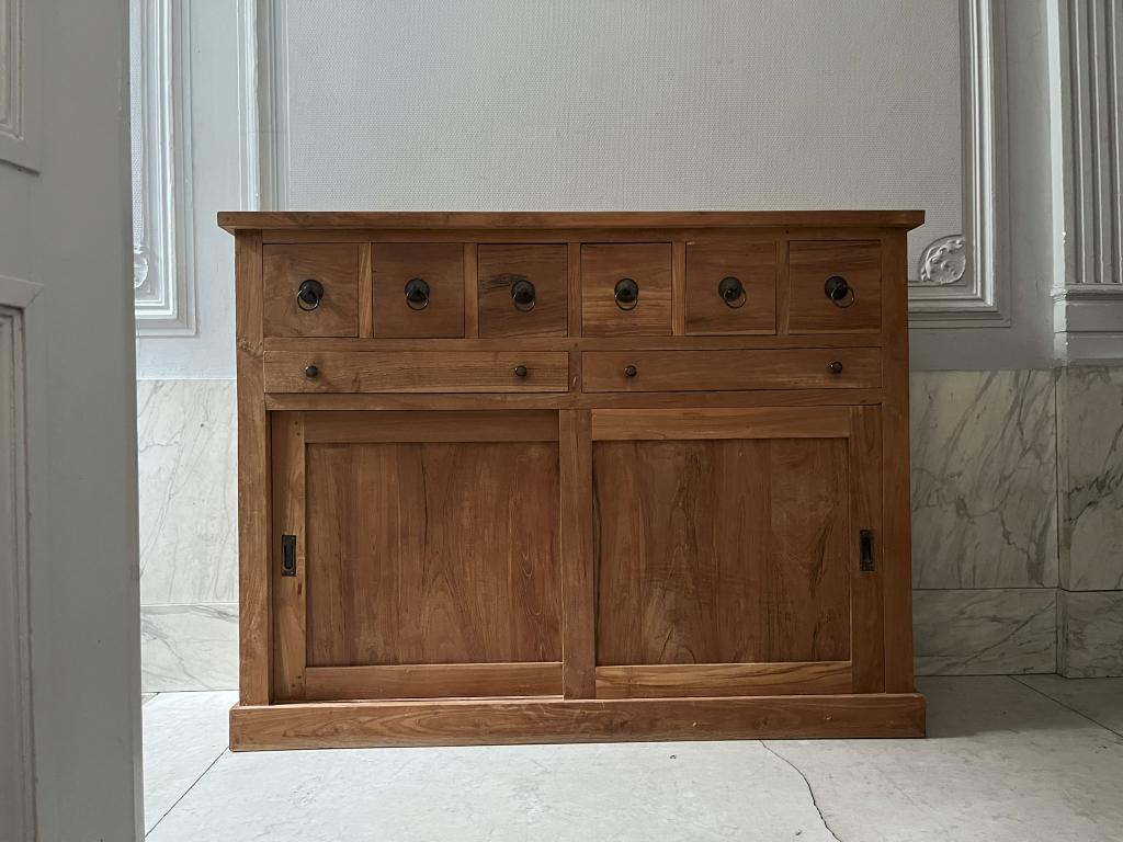 Massief teakhouten kast / dressoir met schuifdeuren en lades, Huis en Inrichting, Kasten | Dressoirs, Gebruikt, 100 tot 150 cm