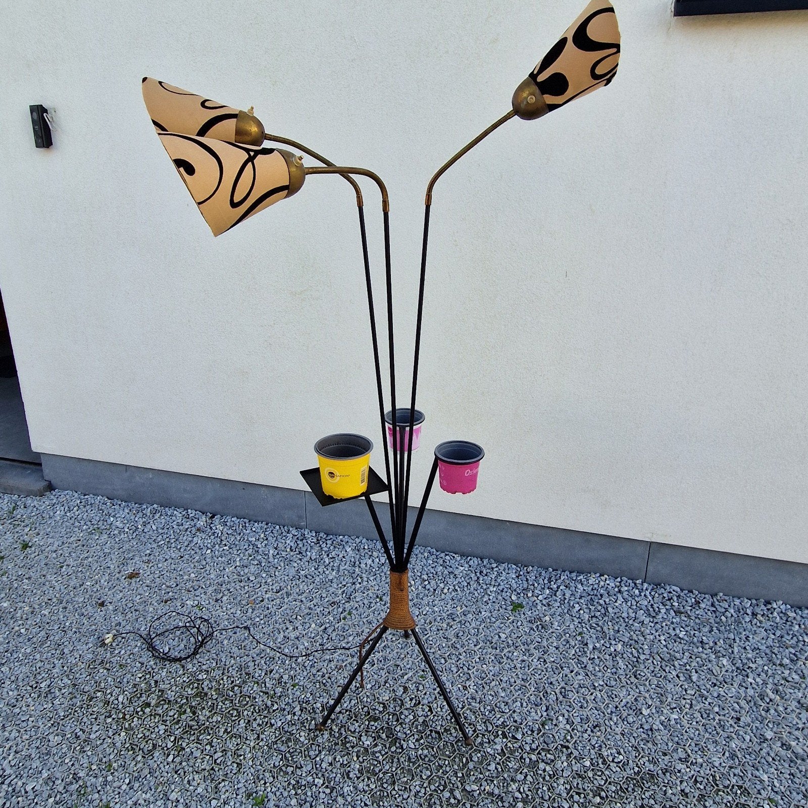 tripod mid century vloerlamp met 3 plantenhouders staanlamp, Antiek en Kunst, Ophalen of Verzenden