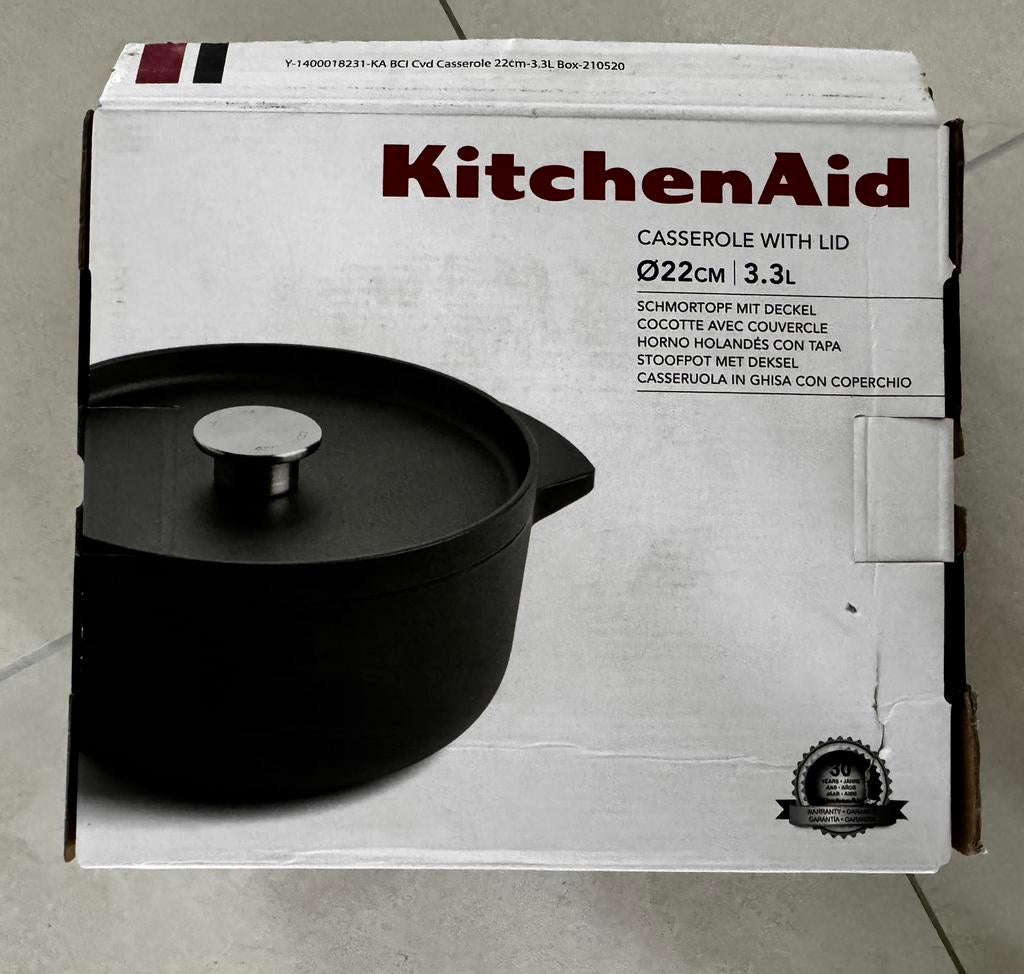 KitchenAid Gietijzeren Braadpan met Deksel - 22cm, 3.3L, Ophalen of Verzenden, Nieuw, Gietijzer, Kookpan of Snelkookpan