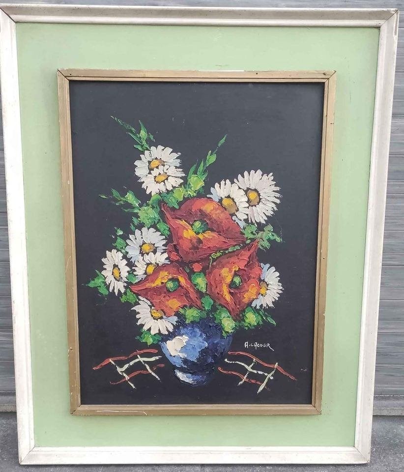 Huile sur panneau fleurs signe Armand lacour, Antiquités & Art, Enlèvement ou Envoi, Fleurs, Panneau