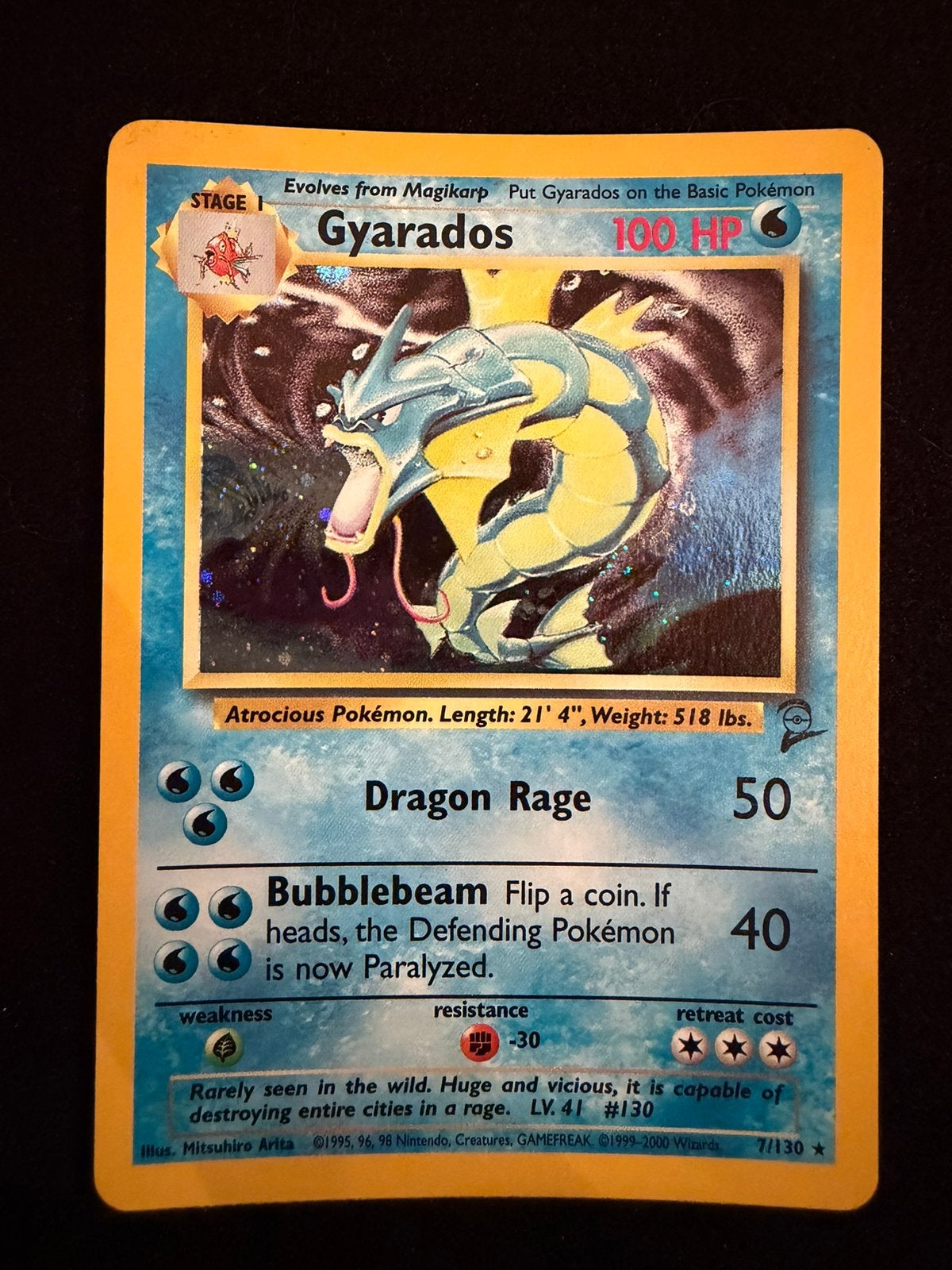 Gyarados 7/130 Base Set 2, Hobby en Vrije tijd, Ophalen of Verzenden, Zo goed als nieuw, Losse kaart, Foil