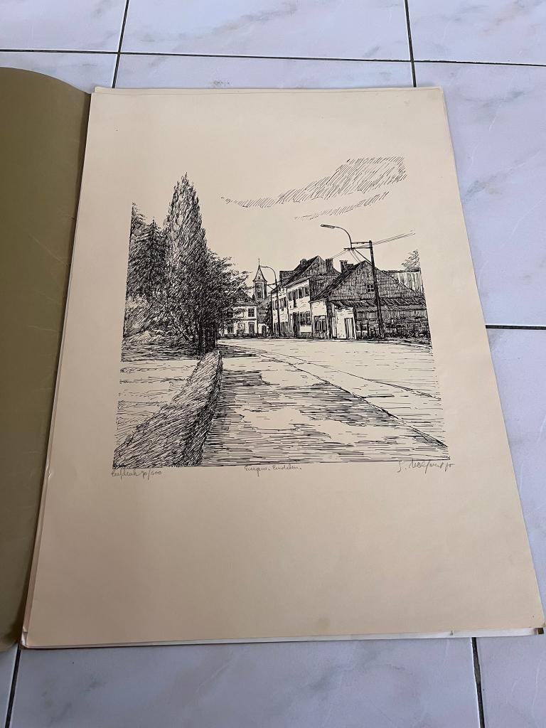 Grote zeefdrukken rond Evergem 4 stuks in verzamelmap *G. Wo, Antiek en Kunst, Kunst | Etsen en Gravures, Overige technieken, Landschap