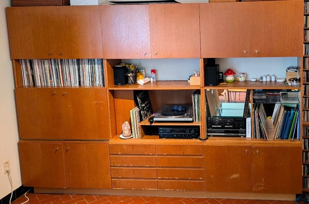 Handgemaakte vintage wandkast / hifimeubel (jaren '70), Ophalen, Gebruikt, 200 cm of meer, Eikenhout