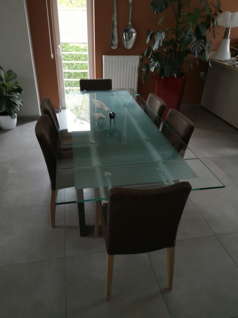 Table salle à manger verre et 6 chaises tissus Mobitec, Verre, Enlèvement, Utilisé, 50 à 100 cm