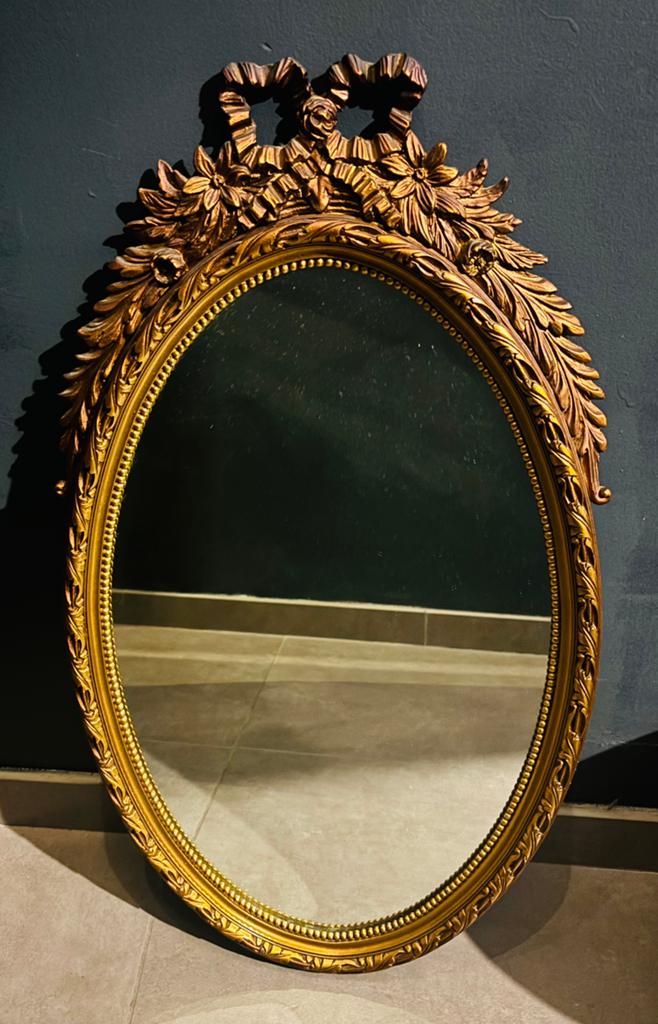 Vergulde ovale Franse spiegel + console, Antiek en Kunst, Ophalen, Ovaal, Minder dan 50 cm, Minder dan 100 cm