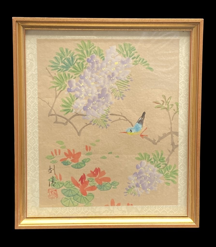 Schilderij op zijde gesigneerd Jiantao () 17x19, Overige stijlen, Ophalen of Verzenden, Overige onderwerpen, Overige technieken