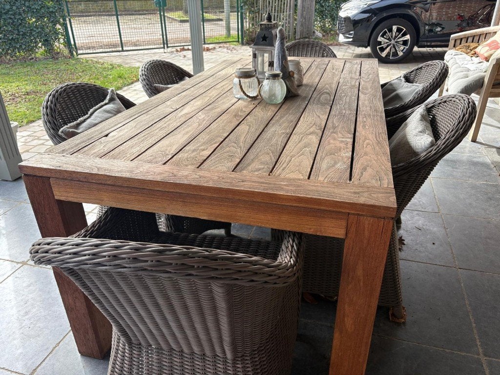 Tuinset met teak tafel en 6 wicker stoelen, Ophalen, Gebruikt, 6 zitplaatsen, Wicker
