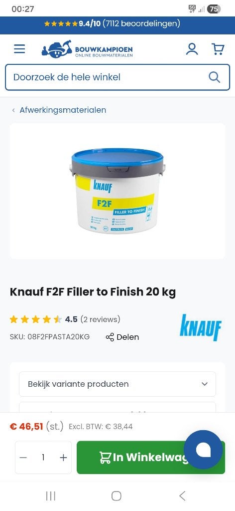 Knauf Fill to finish pasta 2x20kg afwerken van gipsplaten, Doe-het-zelf en Bouw, Platen en Panelen, Nieuw, Ophalen