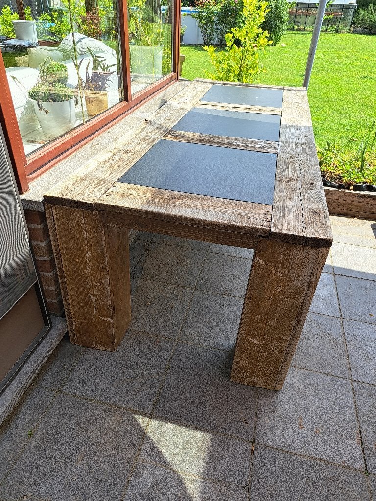 Tuintafel met zes stoelen in steigerhout, Ophalen, Gebruikt, Rechthoekig, Hout