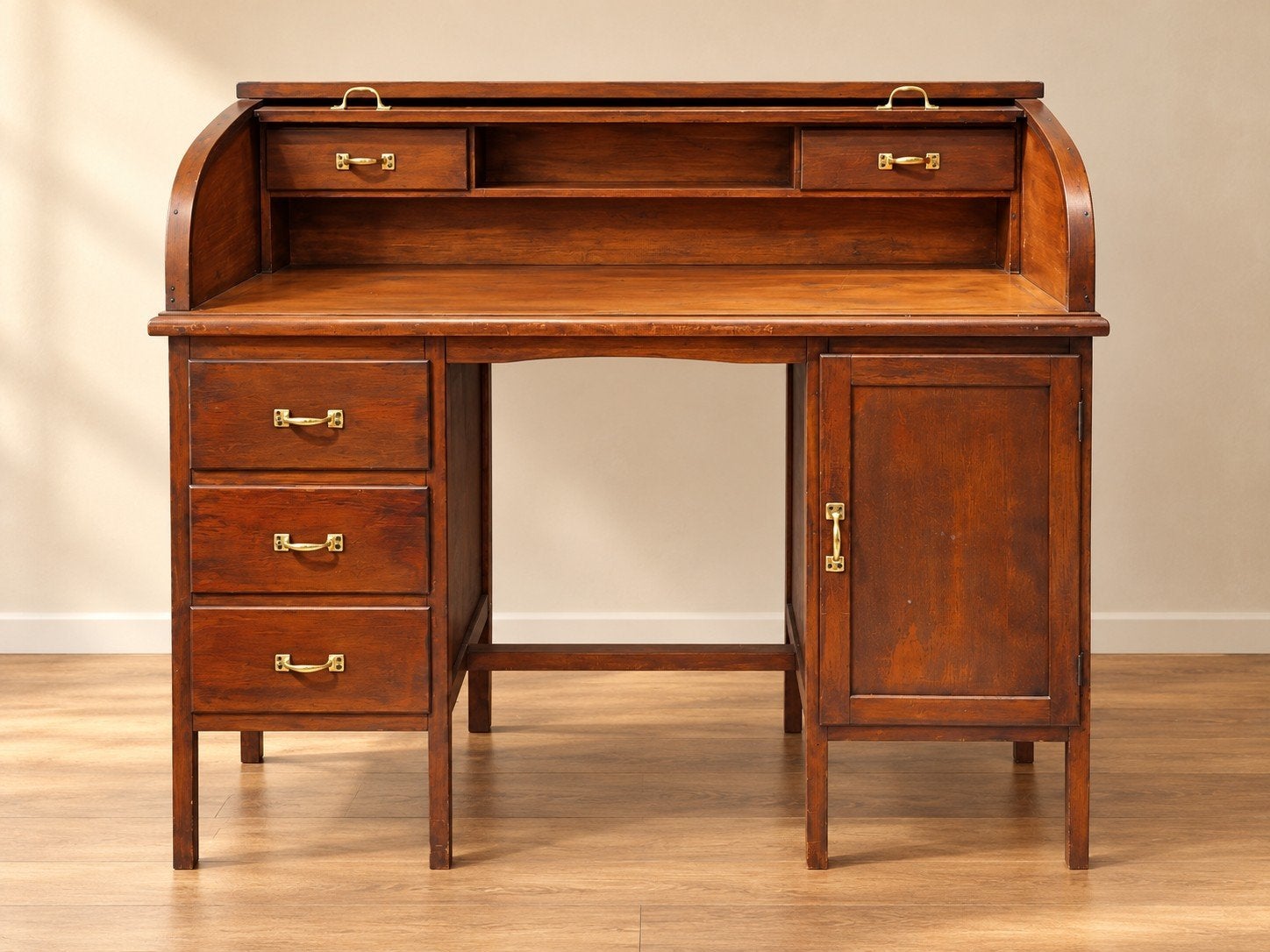 Vintage houten secretaire met houten rolluik, Ophalen of Verzenden, Gebruikt, Authentiek