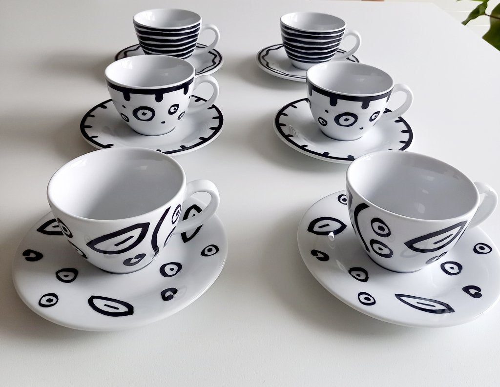 UNIEKE SET VAN 6 DESIGN KOFFIETASSEN MET BORDJE – NIEUW!, Huis en Inrichting, Keuken | Servies, Nieuw, Ophalen of Verzenden, Modern