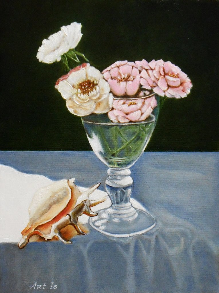 Peinture « Fleurs et coquillages », Antiquités & Art, Art | Peinture | Moderne, Textile, Peinture à l'huile, Fleurs, Sur cadre en bois