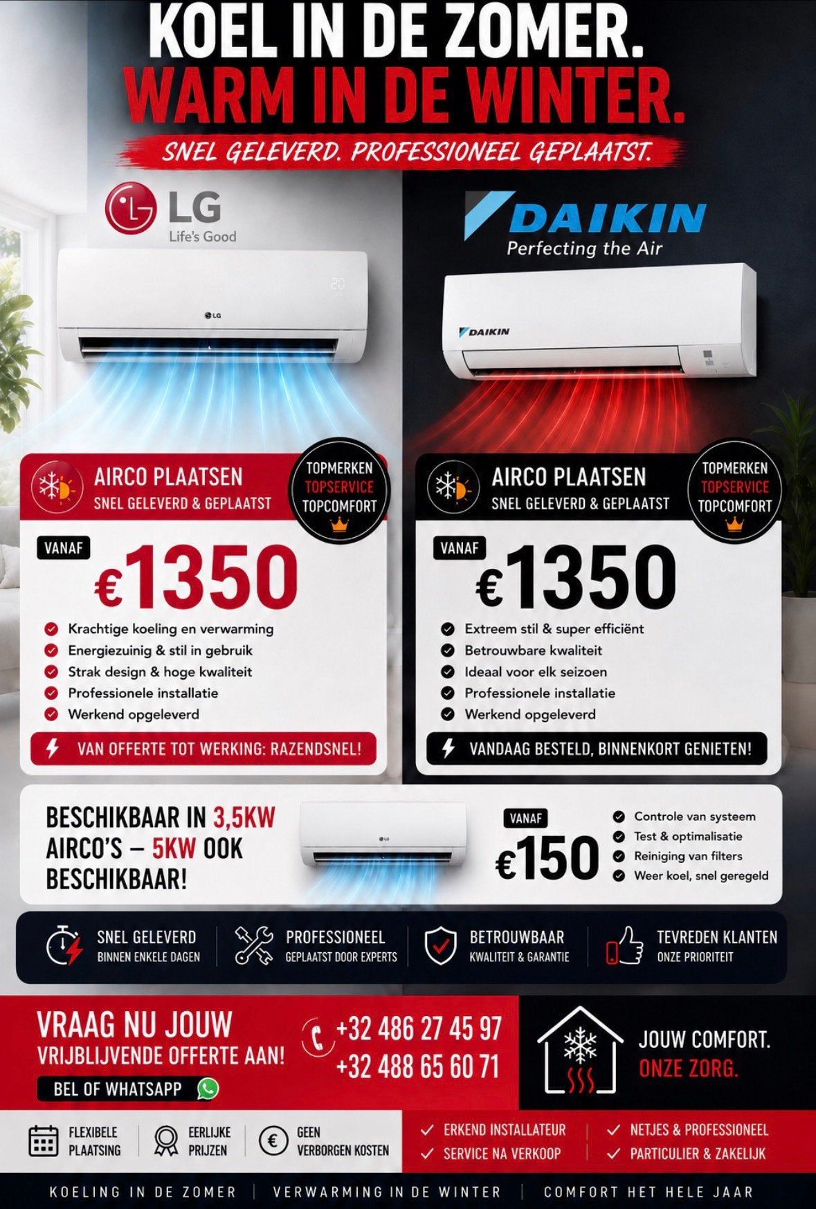 Airco snel geleverd en geplaatst, Ophalen, Koelen en Ontvochtigen, Nieuw, 3 snelheden of meer