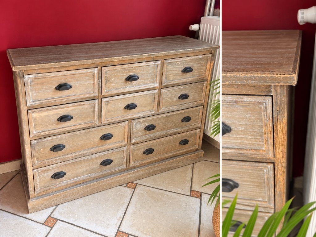 Belle commode en bois patiné – Style vintage / industriel, Maison & Meubles, Enlèvement, Utilisé, Métal