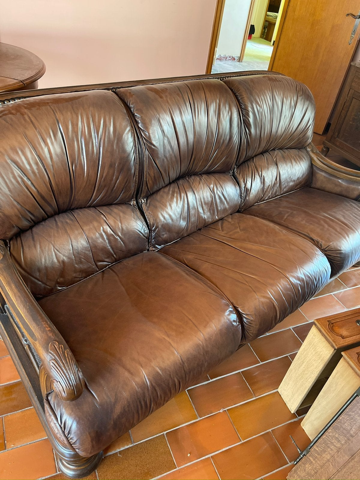 3 zit leder sofa bank zetel lerouge, ook 2 maal 1 zit, Ophalen, Gebruikt