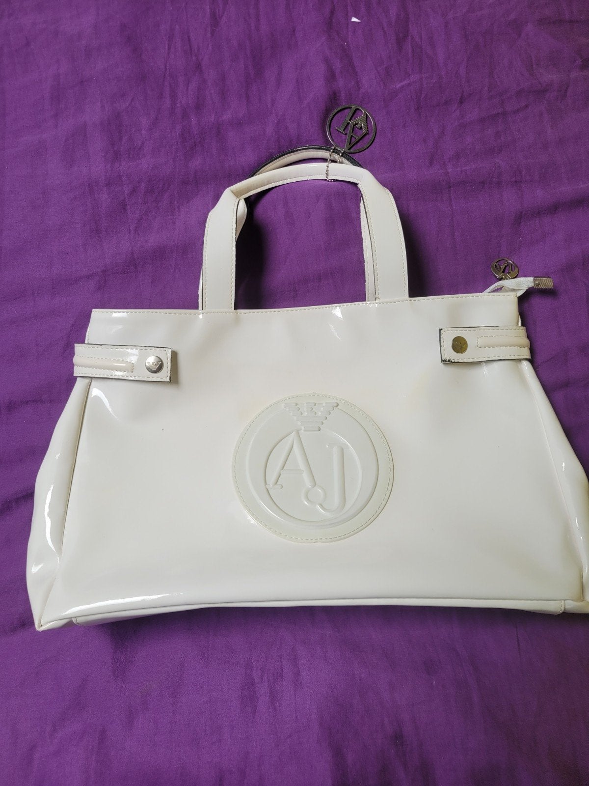 Armani Jeans Lakleren Handtas / Tote Bag – Wit (Met Logo & C, Handtassen en Accessoires, Ophalen of Verzenden, Zo goed als nieuw