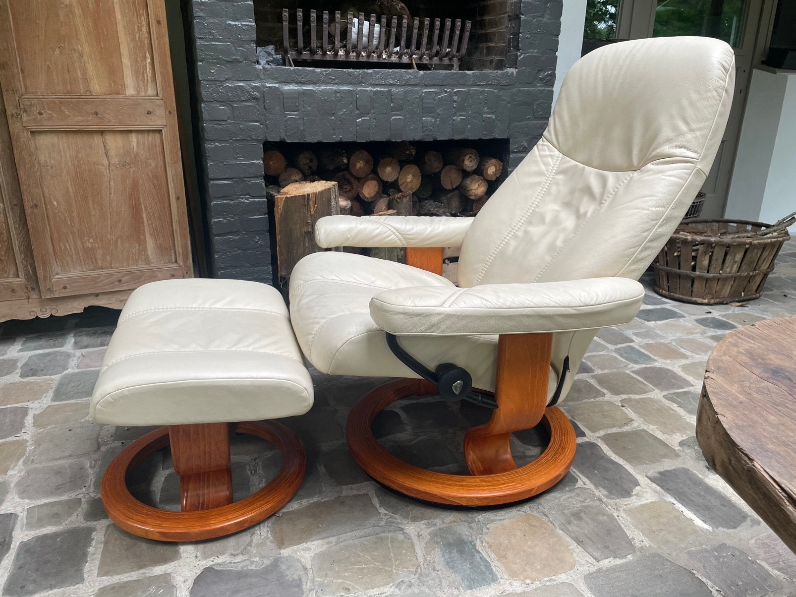 Vintage Stressless ekornes lederen relaxzetel met voetbankje, Ophalen, Gebruikt