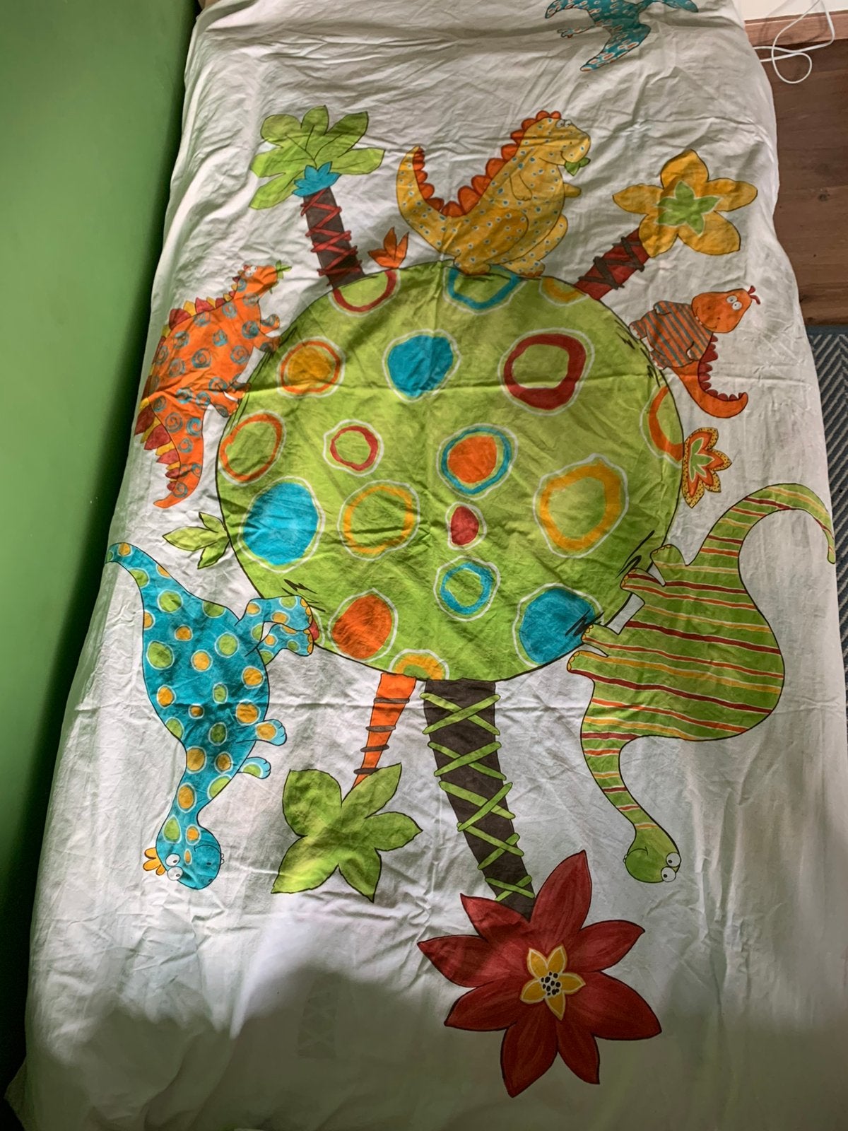 Dinosaurus eenpersoonsdonsovertrek + kussensloop, Ophalen of Verzenden, Zo goed als nieuw, Dubbelzijdig, Meerkleurig