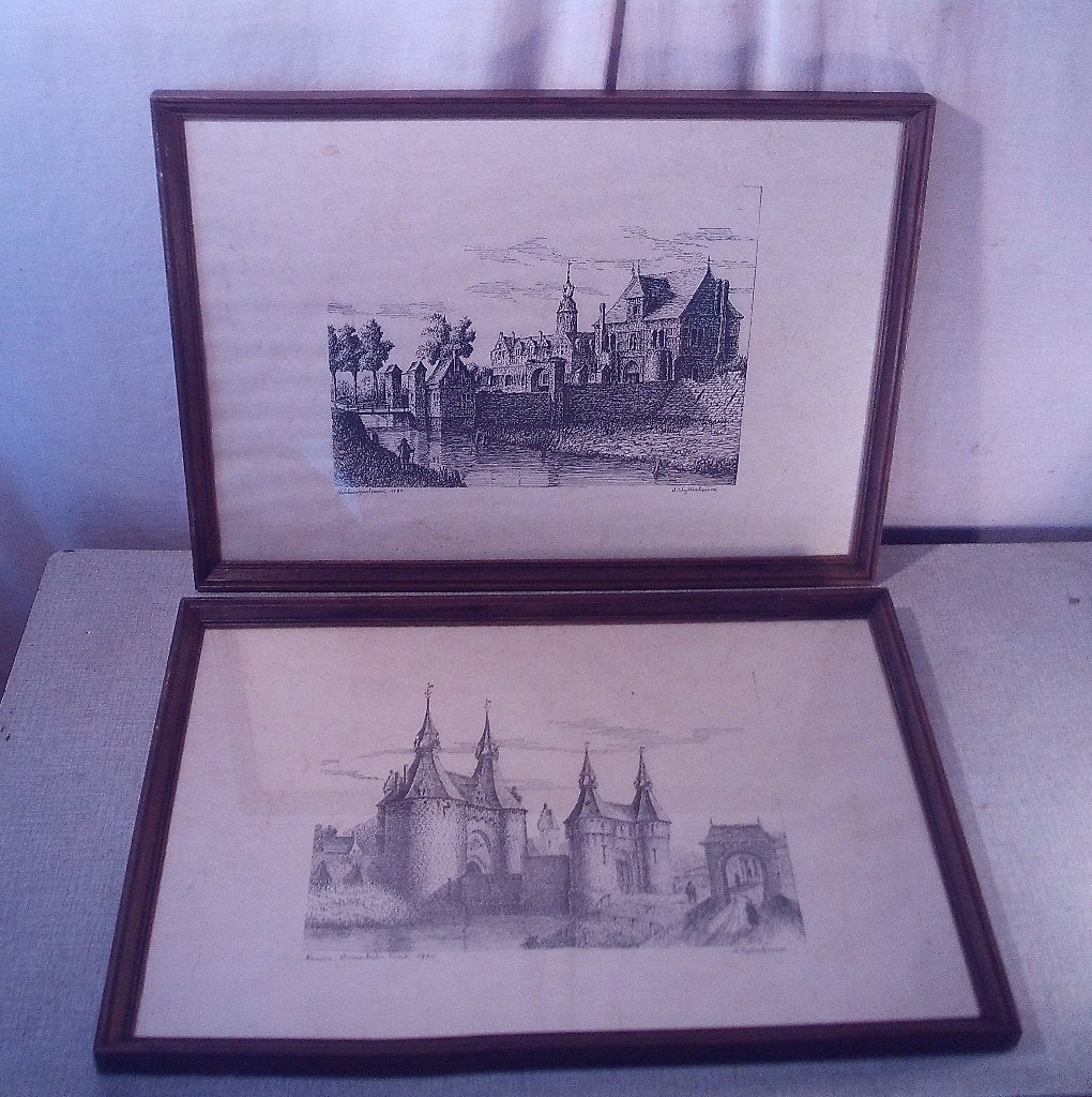 3 Mooie Oude Gravures - Kastelen - Uytterhoeven, Ophalen of Verzenden, Architectuur, Gravure, Ingelijst