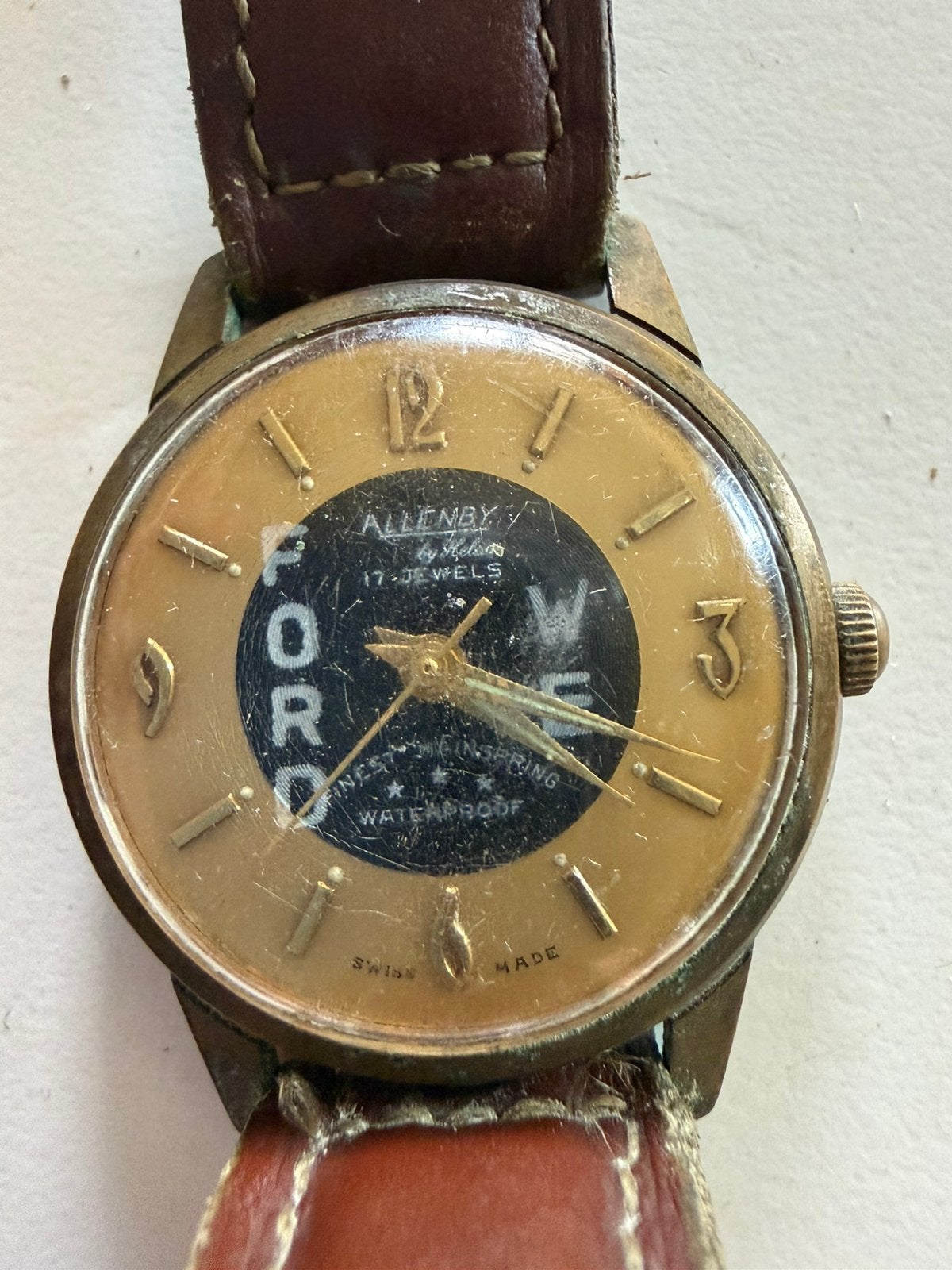 Vintage allenby polshorloge Ford logo 17 jewels swiss made, Ophalen, Gebruikt, Polshorloge, Overige merken