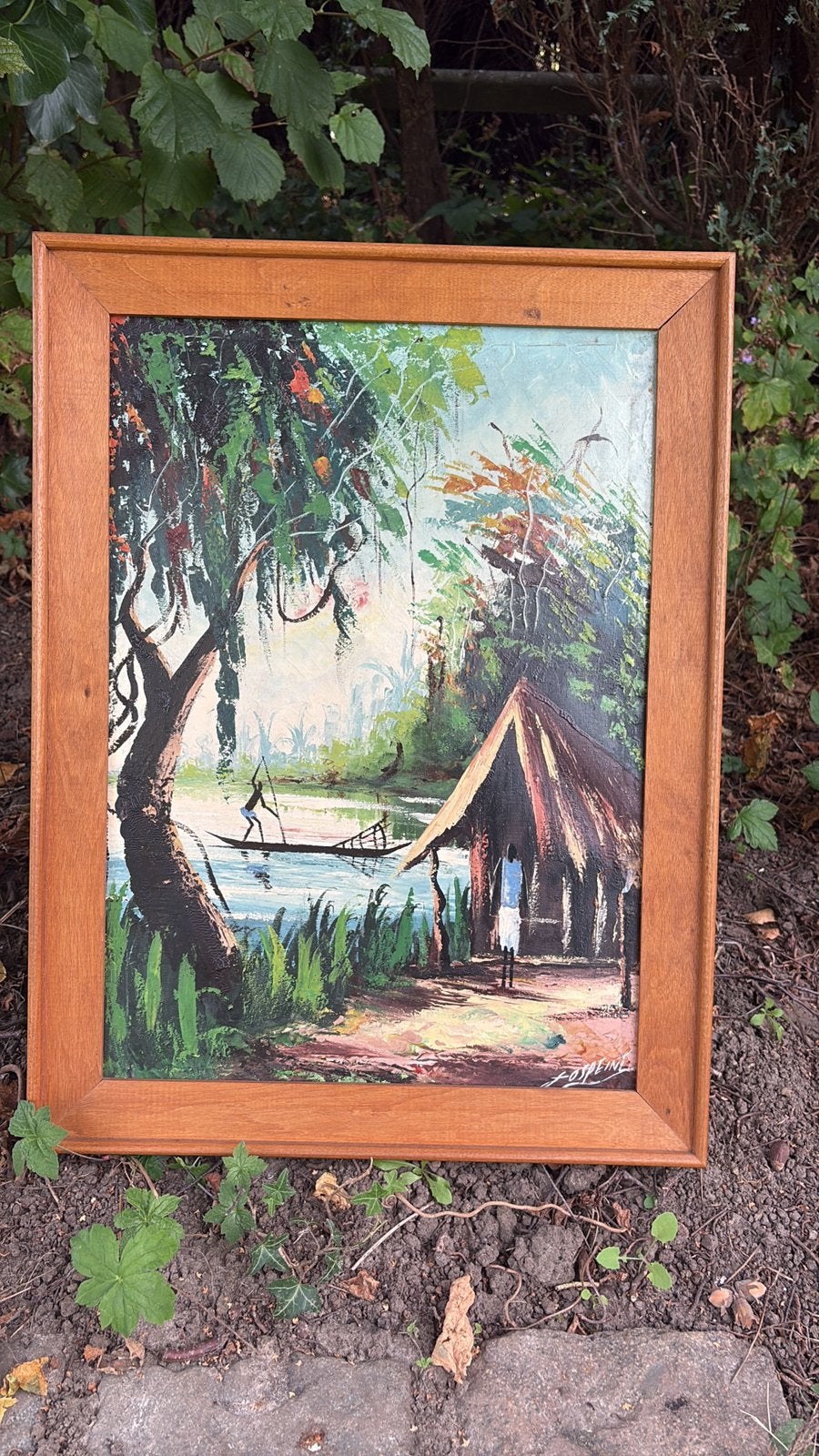 Tablea peinture huile vintage Congo, Antiquités & Art, Panneau, Paysage, Signé, Enlèvement