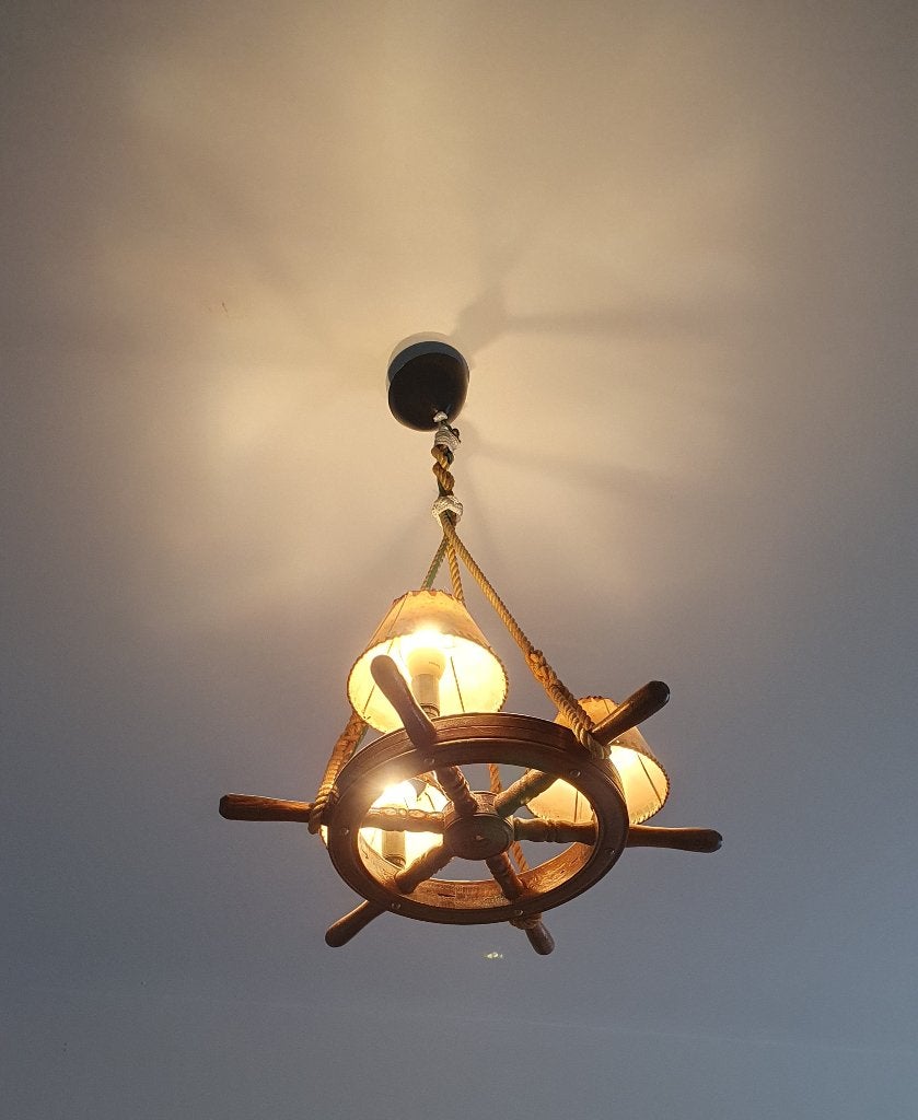 Stuurwiel maritieme lamp 3 lampen, Maison & Meubles, Lampes | Suspensions, Enlèvement, Comme neuf, Bois