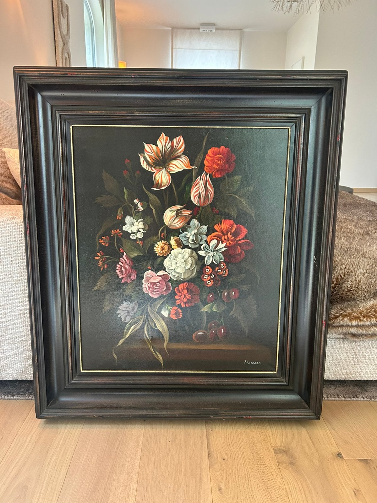 Groot Klassiek schilderij met signature van Meszaros, Enlèvement, Classique, Fleurs, Toile