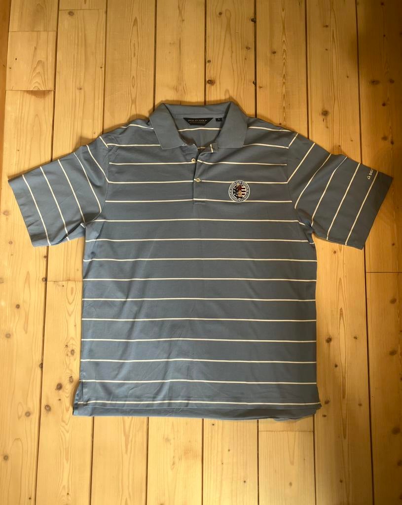 Lichtblauwe Ralph Lauren polo met witte strepen, Verzenden, Zo goed als nieuw, Maat 52/54 (L), Blauw
