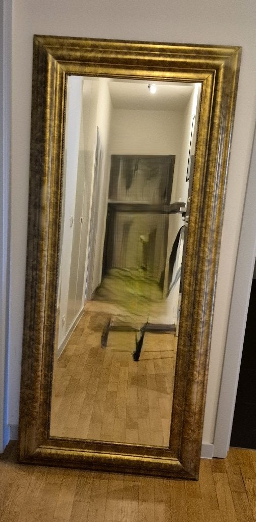 Luxe spiegel (180x80) in massief hout, goud-brons, Ophalen, Gebruikt, 75 tot 100 cm, 150 tot 200 cm