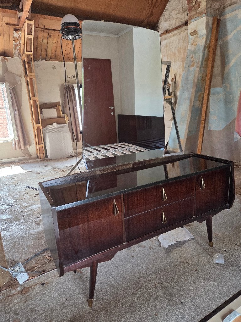 Vintage slaapkamer, Huis en Inrichting, Ophalen, Gebruikt, Tweepersoons, Vintage jaren 50 in donker mahoniekleurig fineer