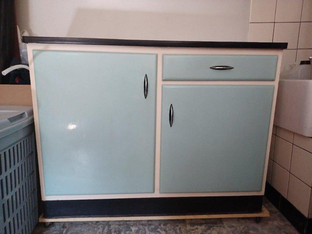 vintage keukenkastje lichtblauw en wit, Enlèvement, Utilisé