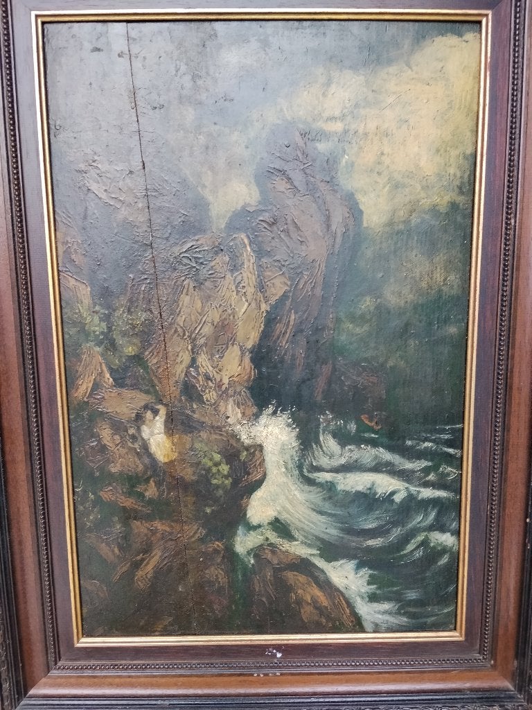 Schilderij op hout (19e): vrouw tegenover de natuur, Antiek en Kunst, Ophalen of Verzenden, Hout, Gelimiteerde oplage, Figuren